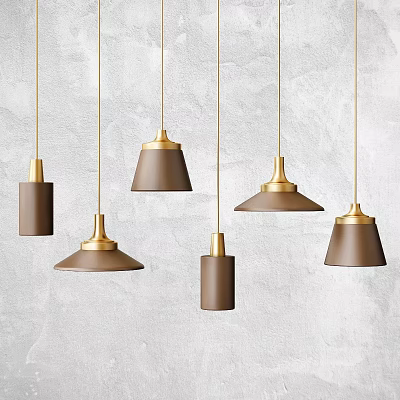 Modern Brown And Gold Pendant Lights With Metallic Design On Light Textured Wall 3d model