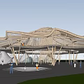 Scenic Outdoor Architectural Structure With Unique Roof Waterfront Walkway Greenery And Boats