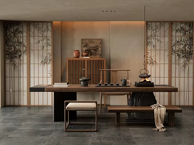 Traditional Tea Room Interior Design With Bamboo Screens Tea Table Sets Bench And Decorative Painting 3d model