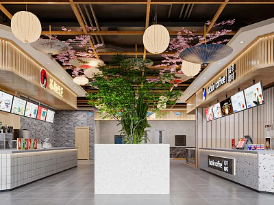 Chinese Restaurant Interior Featuring Hanging Lanterns Cherry Blossom Decor Open Counter And Central Green Plant 3d model