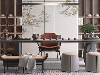 New Chinese Style Tea Table and Chair Tea Cabinet Carpet Chandelier 3d model