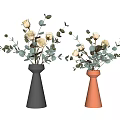 Stylish Black and Orange Conical Vases with Yellow Roses and Green Leaves