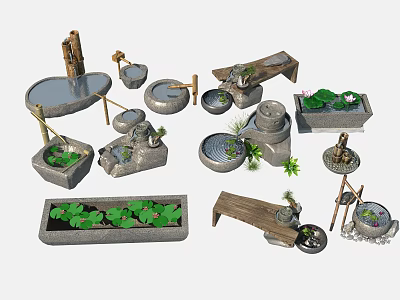 Natural Rustic Courtyard Garden With Stone Water Basins Troughs Fountains Wooden Bridges And Lotus Leaves 3d model