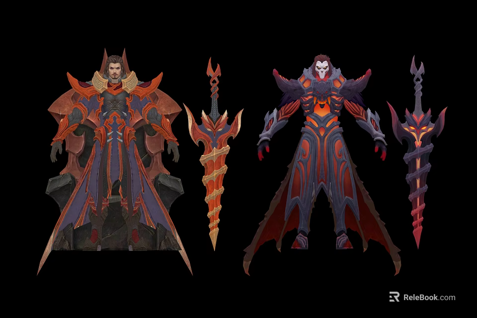 Fantasy Characters in Red and Purple Spiked Armor with Flame Enchanted Weapons 3d model 