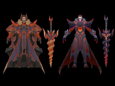 Fantasy Characters in Red and Purple Spiked Armor with Flame Enchanted Weapons 3d model
