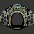 Green And Black Metallic Neck Tech Device With Hexagonal Texture And Circular Sensor