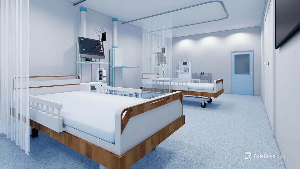Modern Hospital Ward With White Medical Beds Monitoring Devices Blue Door And Light Blue Floor 3d model 