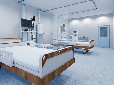Modern Hospital Ward With White Medical Beds Monitoring Devices Blue Door And Light Blue Floor 3d model