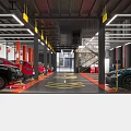 Modern Car Dealership Showroom Interior With Ceiling Lighting Red Black Floor Displaying Various Cars