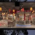 Chinese Style Hot Pot Restaurant With Red Lanterns Wooden Tables And Brick Walls