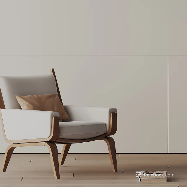 Modern Minimalist White Leisure Chair With Wooden Frame And Brown Cushion In Light Wall Room 3d model 