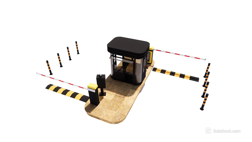 Modern Security Gate Booth System With Striped Barriers And Warning Posts 3d model