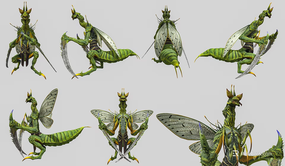 Game Movie Monster Character Green Insect Shaped Creature With Multiple Poses And Detailed Design 3d model 