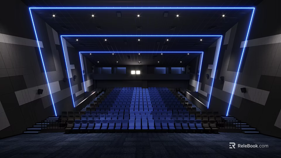 Modern Movie Theater Interior With Blue Lighting And Neatly Arranged Seats 3d model 