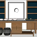 Wooden Tea Table and Chairs with White Cups Green Plate Wooden Cabinets and Blue Shelves