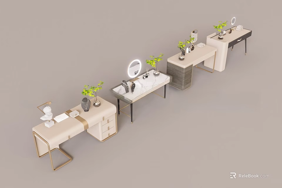 Modern Light Colored Dressing Tables With Golden Legs Round Mirrors And Green Plants 3d model 