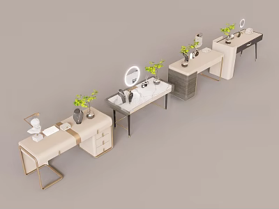 Modern Light Colored Dressing Tables With Golden Legs Round Mirrors And Green Plants 3d model