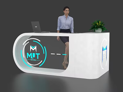Modern White Curved Reception Desk With Illuminated MUT Logo Laptop And Green Plant 3d model