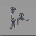 Industrial Hardware Tools Three Metal Valves With Blue Handwheels And Pipes