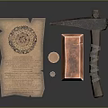 Detailed Ancient Parchment With Seal Hammer And Glowing Gold Bar Artifact