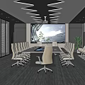 Modern Conference Room Interior with Long Table Ergonomic Chairs Wave Lighting Large Screen and Windows