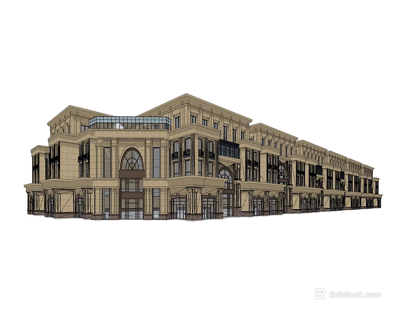 European Style Commercial Building with Stone Facade and Arched Windows Multi Story Decorative Exterior Design 3d model 