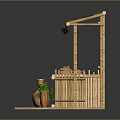 Bamboo Display Shelf With Thatched Roof Terracotta Pots And Small Plants