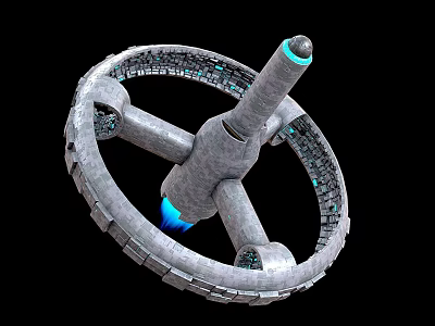Futuristic Metallic Weapon Featuring Circular Ring Grid Details Central Cylinder And Blue Energy Thruster 3d model