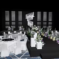 Elegant Stage Floral Display With White Purple Blooms Geometric Backdrop Gray Curtains And Tables