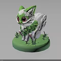 Cute Green And White Cat Like Creature With Large Red Eyes On Green Grass Base