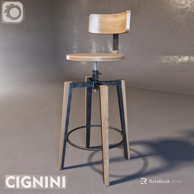 Modern Wooden Bar Stool With Round Seat Black Metal Frame And Backrest 3d model 