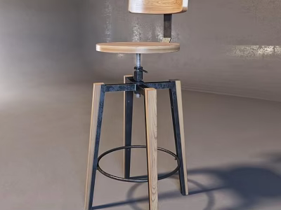 Modern Wooden Bar Stool With Round Seat Black Metal Frame And Backrest 3d model