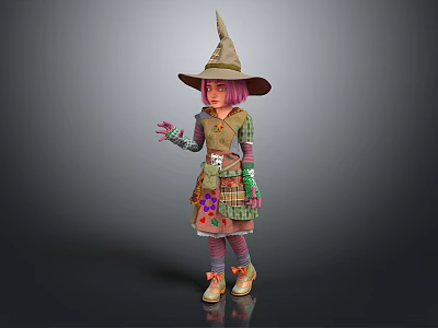 Game and Movie Character With Pointed Witch Hat Pink Hair Patched Outfit And Sparkly Shoes 3d model
