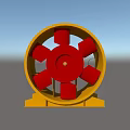 Industrial Pipeline Ventilation Fan With Yellow Housing Red Blades And Metal Stand