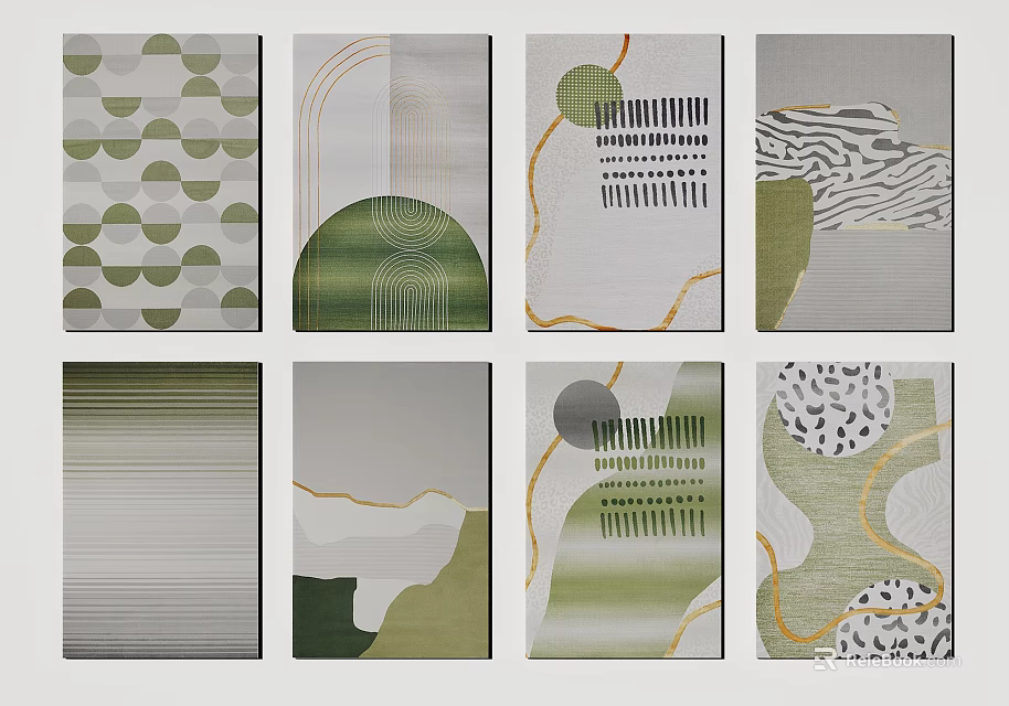 Modern Square Rugs Featuring Geometric Abstract Patterns Lines Waves Dots Green Gray Tones 3d model