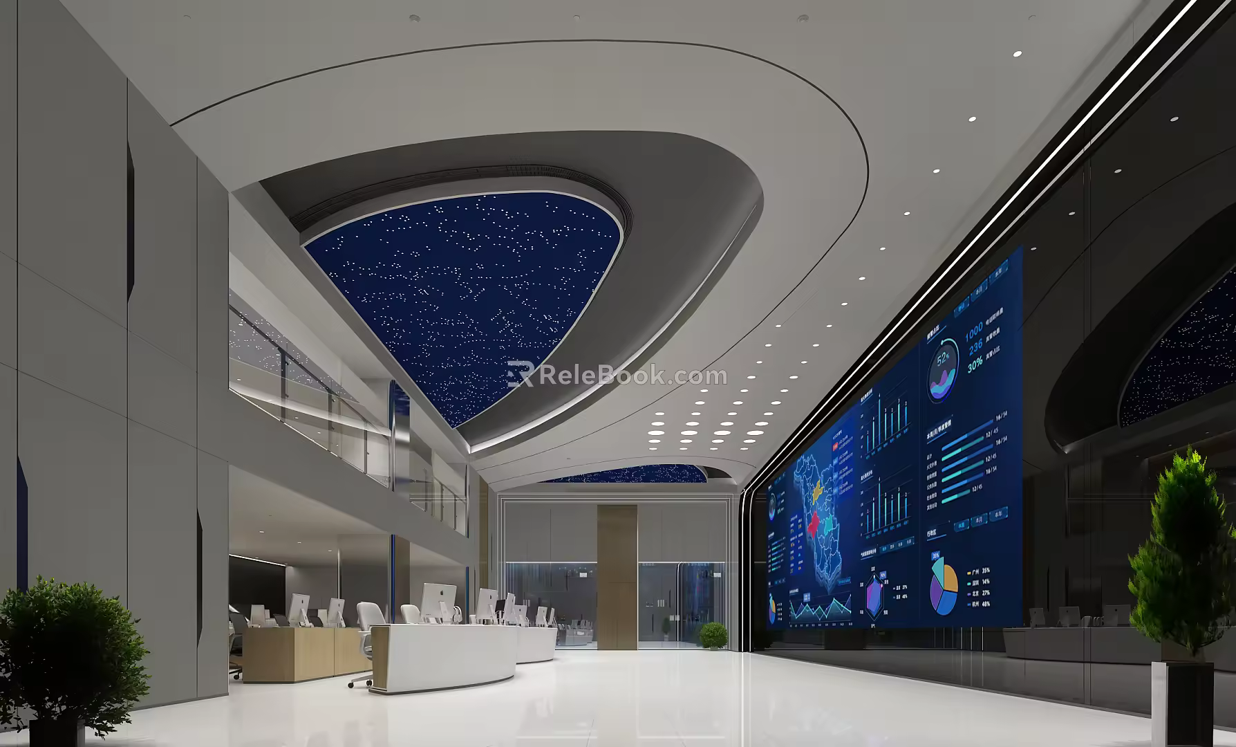 Electronic display desk in modern command center monitoring room 3d model
