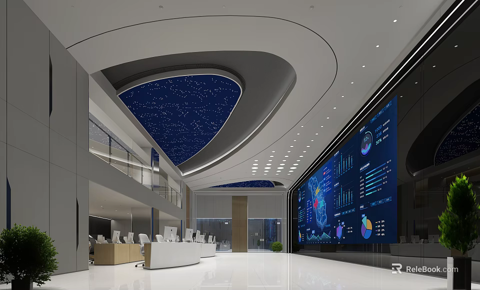 Modern Control Room with Curved Ceiling Large Screens Data Charts and Control Desks 3d model 