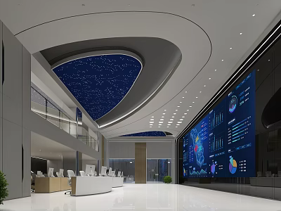 Modern Control Room with Curved Ceiling Large Screens Data Charts and Control Desks 3d model