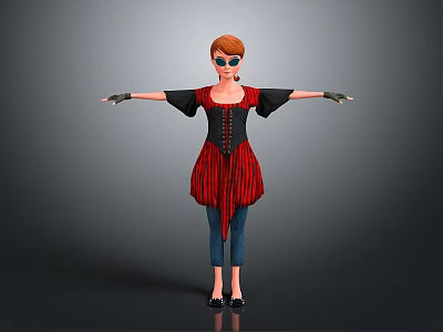 Woman With Red Hair Wearing Sunglasses Black Red Striped Dress Arms Outstretched Gray Background 3d model