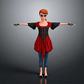 Woman With Red Hair Wearing Sunglasses Black Red Striped Dress Arms Outstretched Gray Background