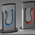 Pair Of Modern Electric Vehicle Charging Stations With Gray Body And Blue Red Accents