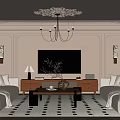Elegant Living Room With Beige Sofas Wooden TV Stand Chandelier And Black White Rug