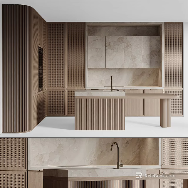 Modern Kitchen Interior Design With Marble Island Countertop And Cabinets 3d model 