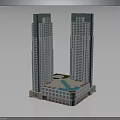 Twin Modern Skyscrapers With Base Building Central Green Area And Swimming Pool Exterior Design