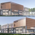 Modern Commercial Street Featuring Retail Shops Storefronts Wooden Facade And Greenery