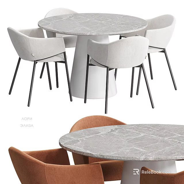 Modern Dining Table Set With Round Marble Top And Upholstered Chairs 3d model