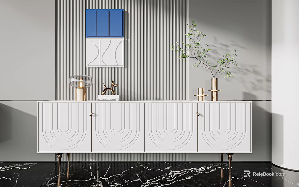 Modern White Entryway Console Cabinet With Vertical Striped Wall And Decorative Vases 3d model 
