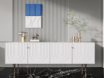 Modern White Entryway Console Cabinet With Vertical Striped Wall And Decorative Vases 3d model