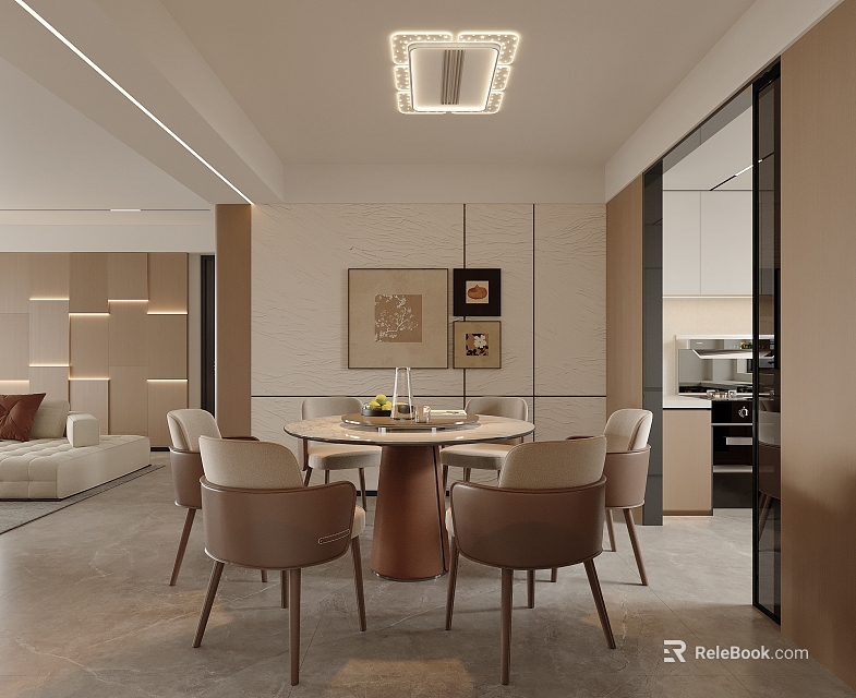 Modern Restaurant Interior With Round Dining Table Beige Chairs Ceiling Light And Decorative Paintings 3d model 
