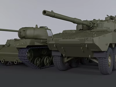 Green Military Tanks Tracked And Wheeled Types With Long Cannons And Armored Bodies 3d model
